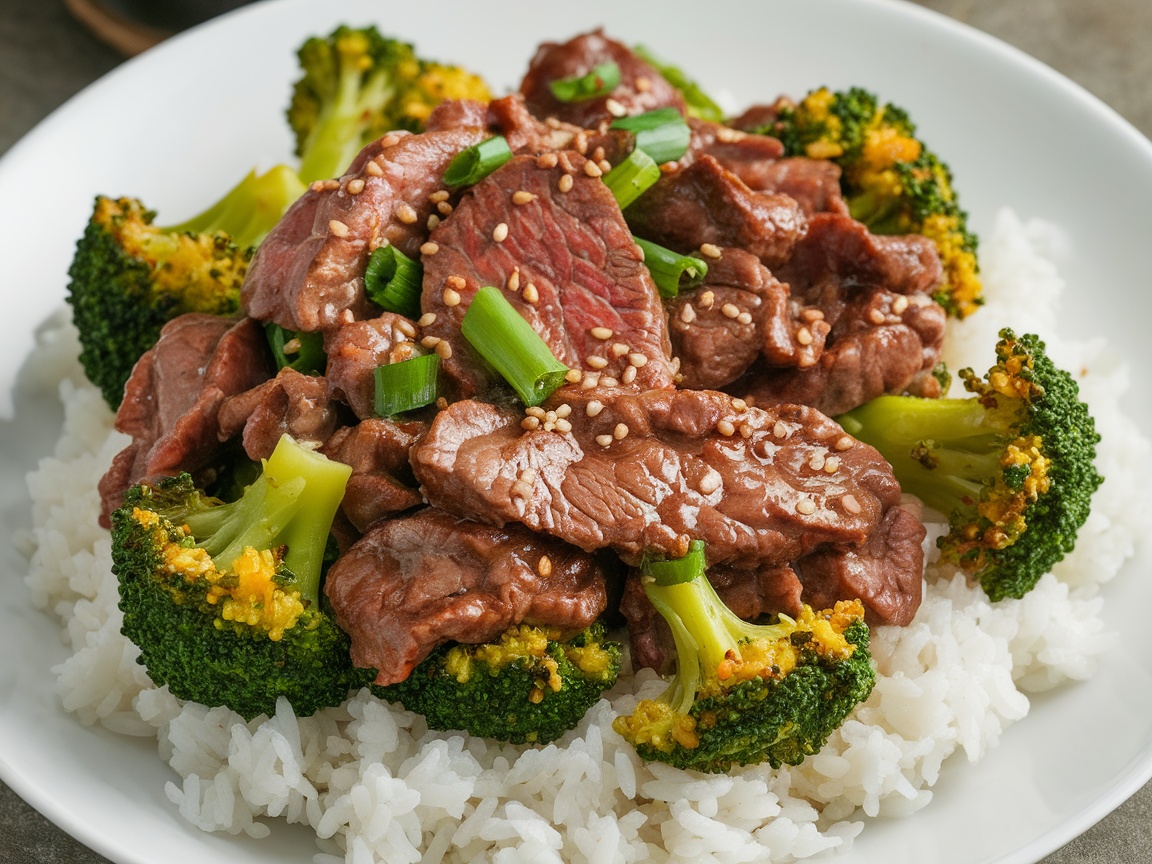 A colorful plate of beef and broccoli stir-fry served over rice, garnished with sesame seeds and green onions.